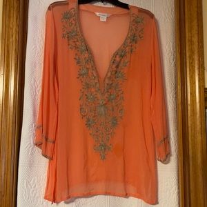 ella moss v-neck dark peach pool cover up with floral embroidered design.